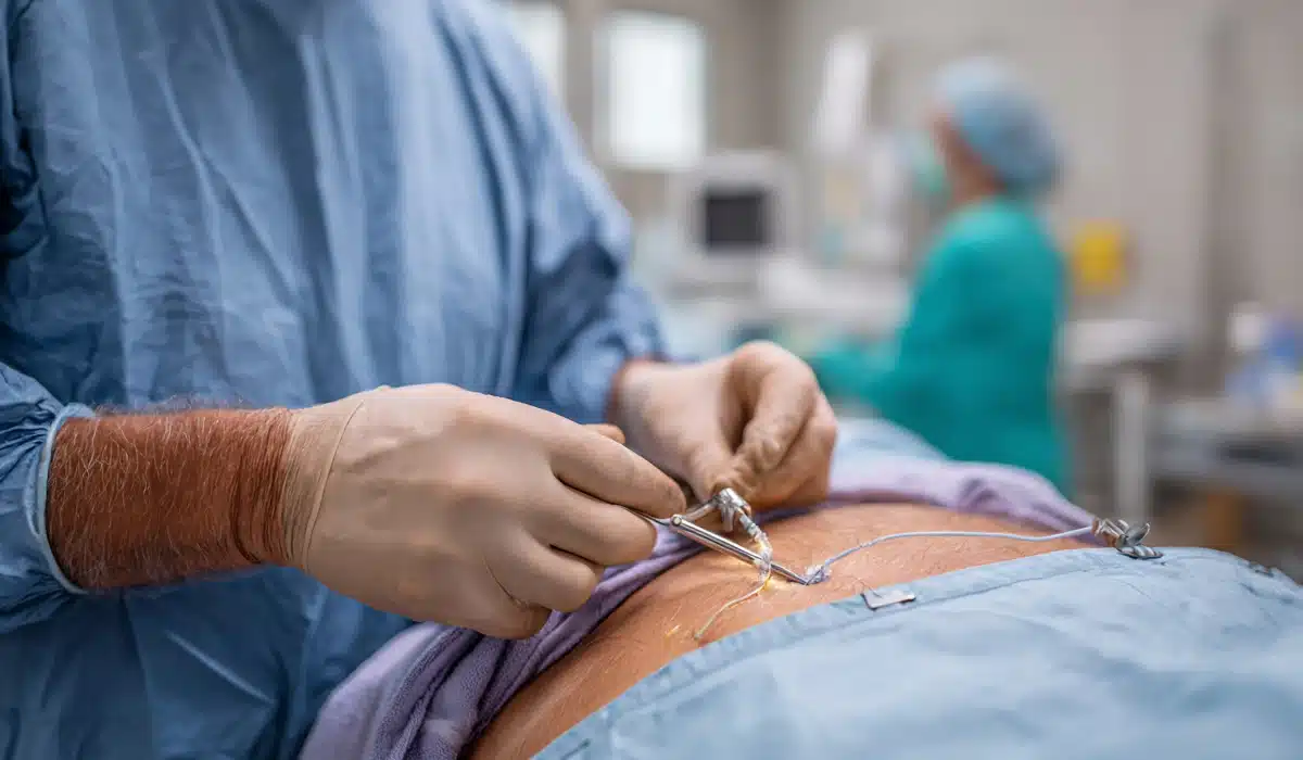 A surgeon in blue scrubs performing a procedure on a patient's body, illustrating the tumescent liposuction process.